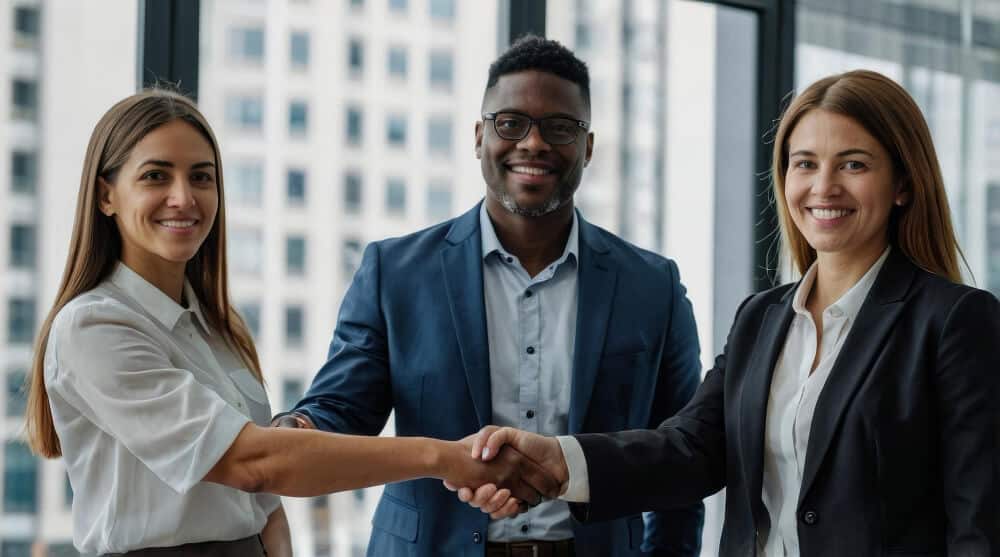 Business agreement and collaboration handshake with colleagues