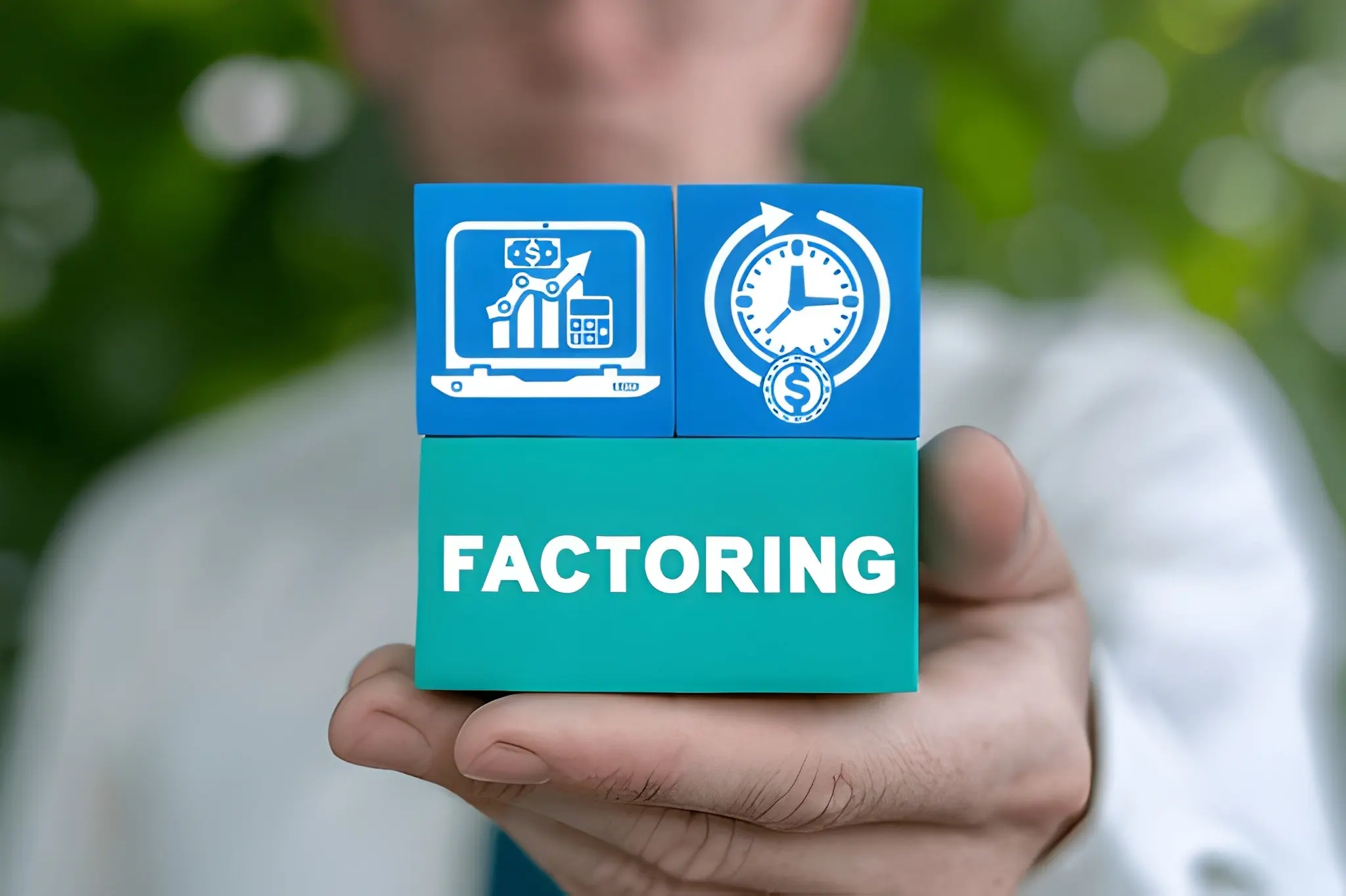Concept of factoring. Factor men hold colorful blocks with factoring services