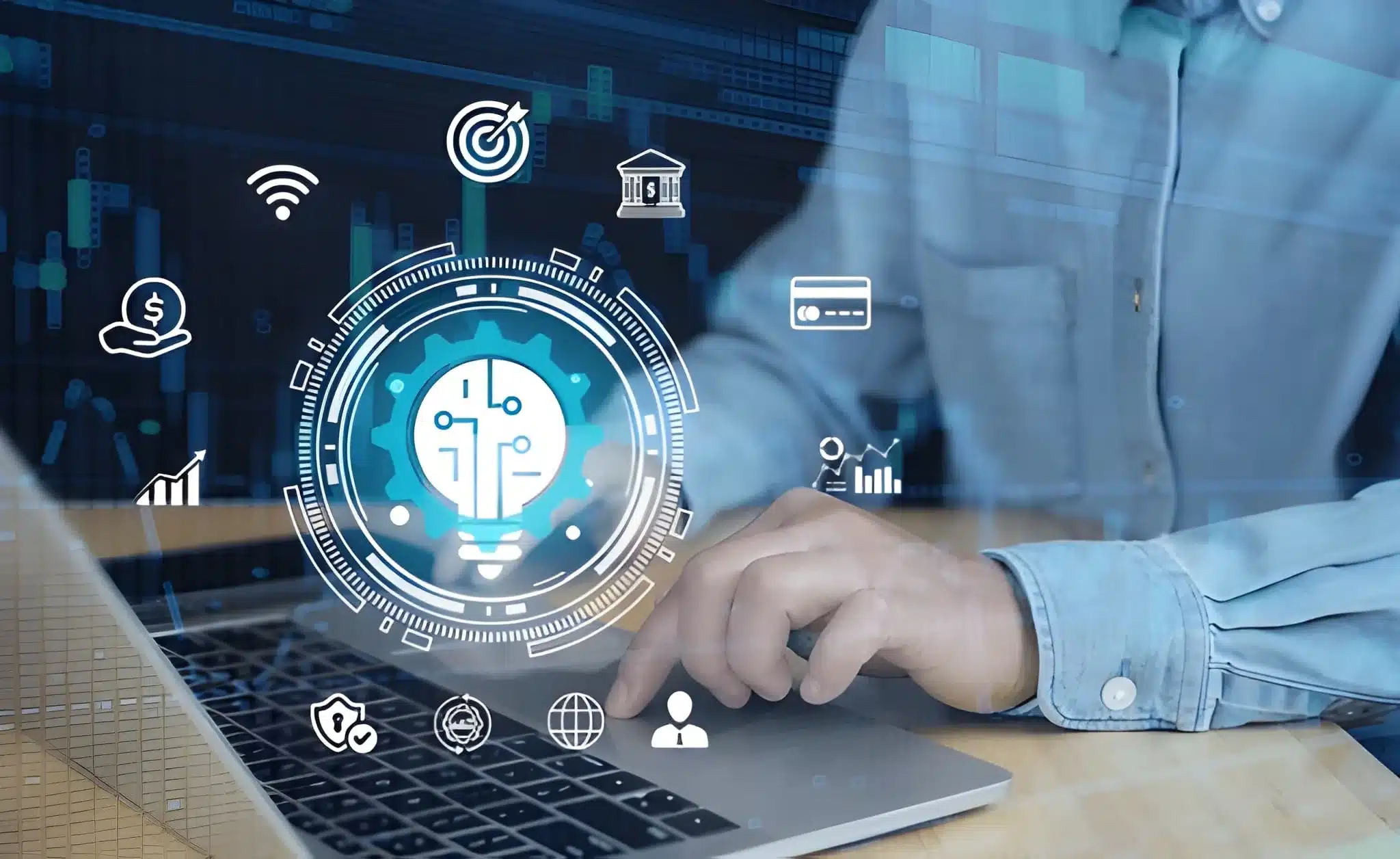 Finance technology, businessman holding the Financial icon