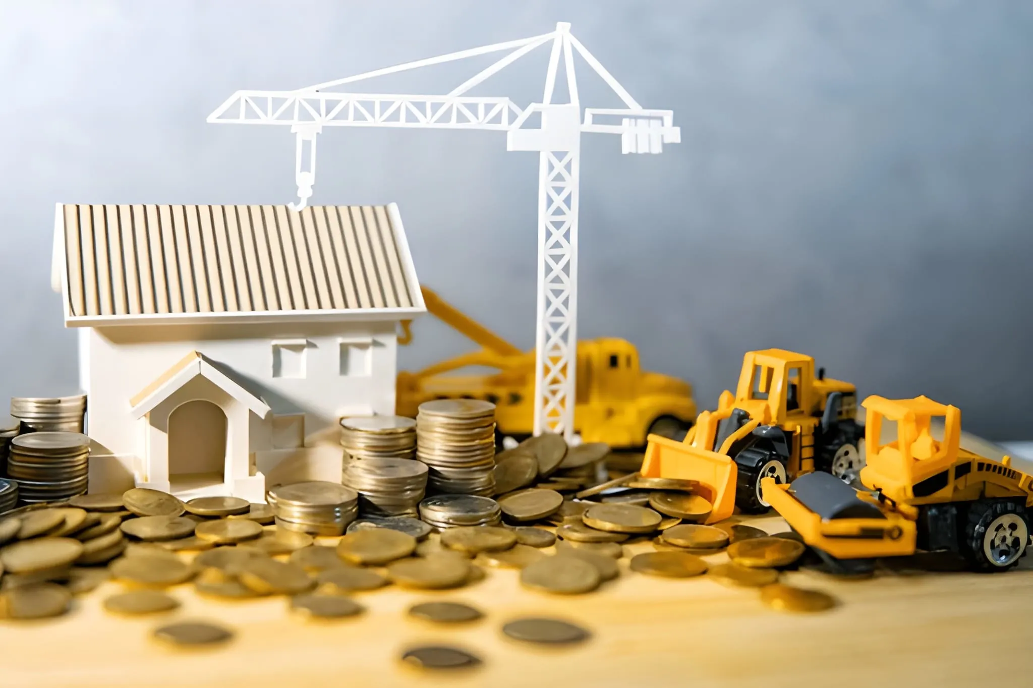 House, crane and construction truck models with gold coins