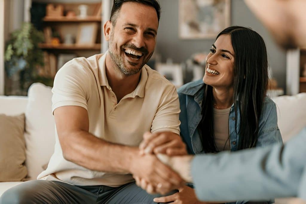 Happy couple shaking hands with financial advisor