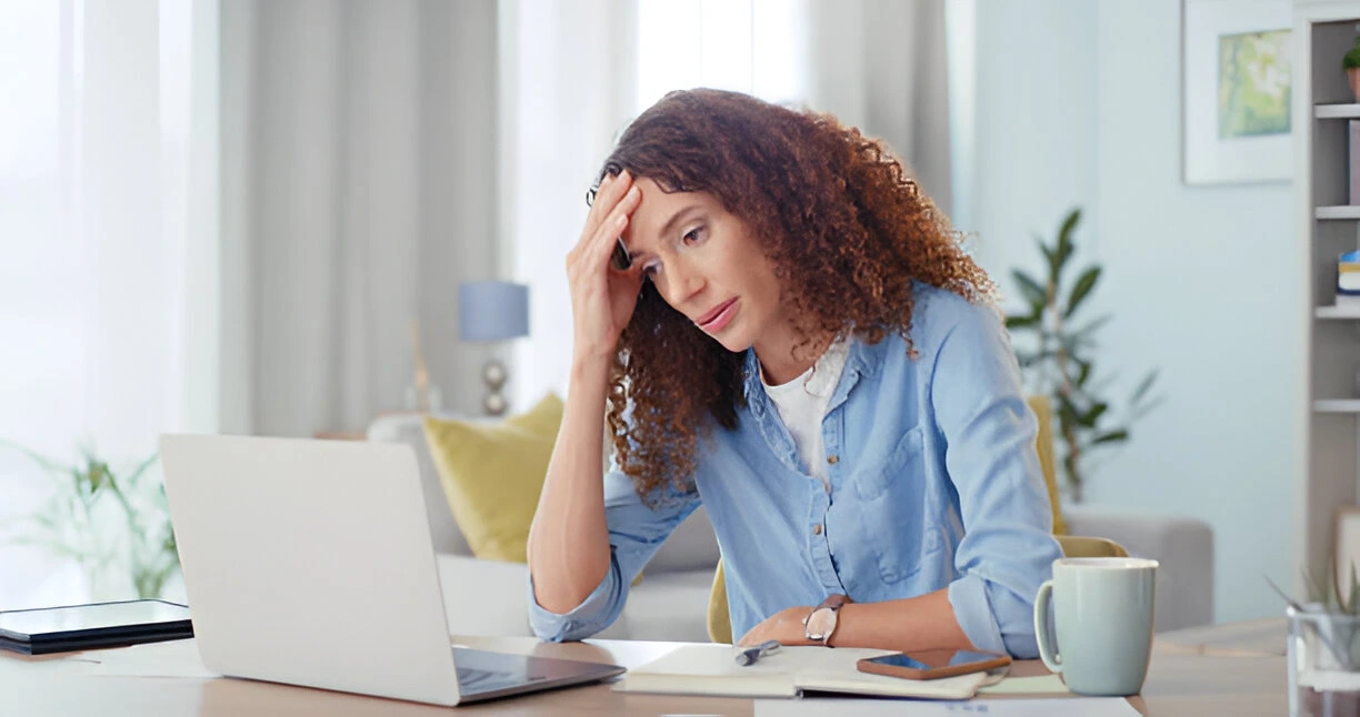 Stress, headache and freelancer woman with laptop problems