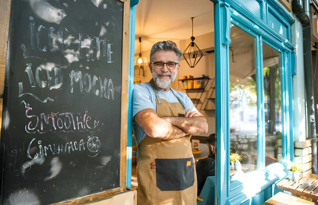 Portrait of a mature man with an apron in front of a café