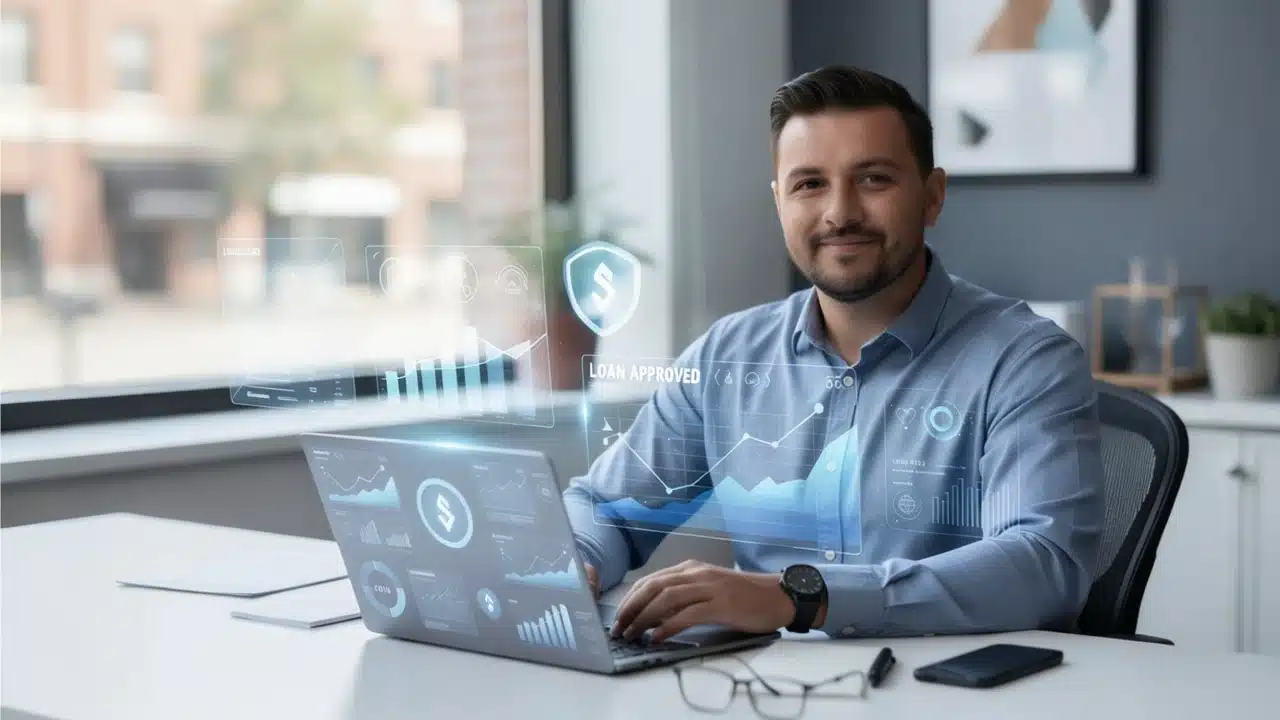 Young business owner with laptop - AI Underwriting in Lending