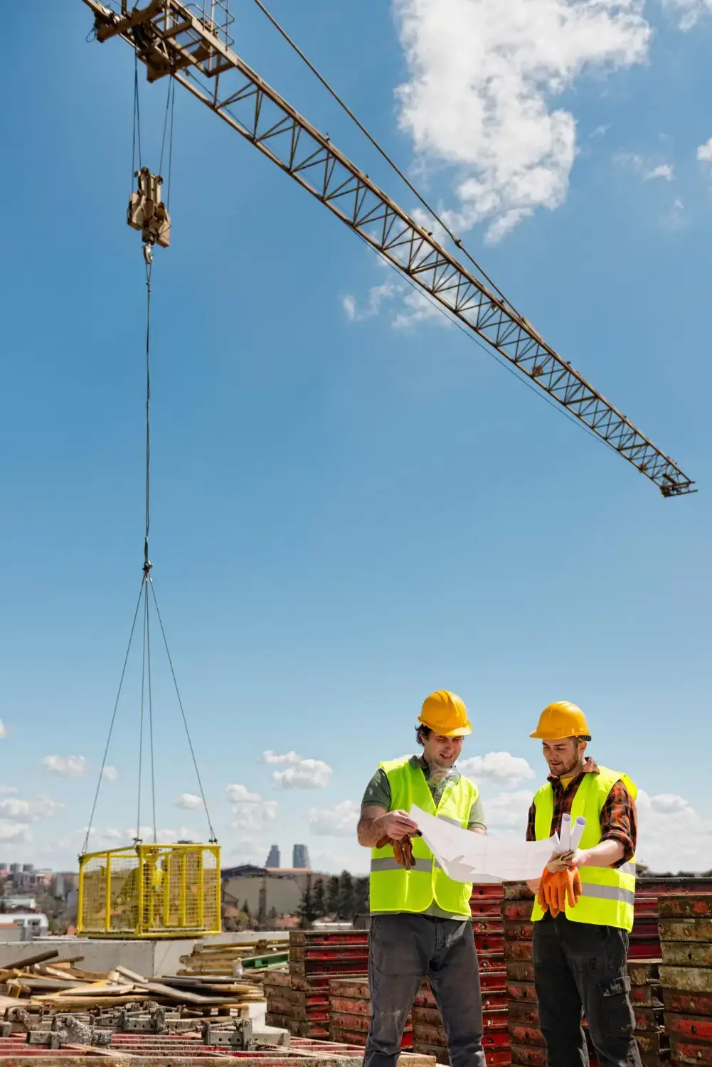 Two construction workers wearing hard hats and safety vests reviewing building plans beneath a tower crane at an active construction site.