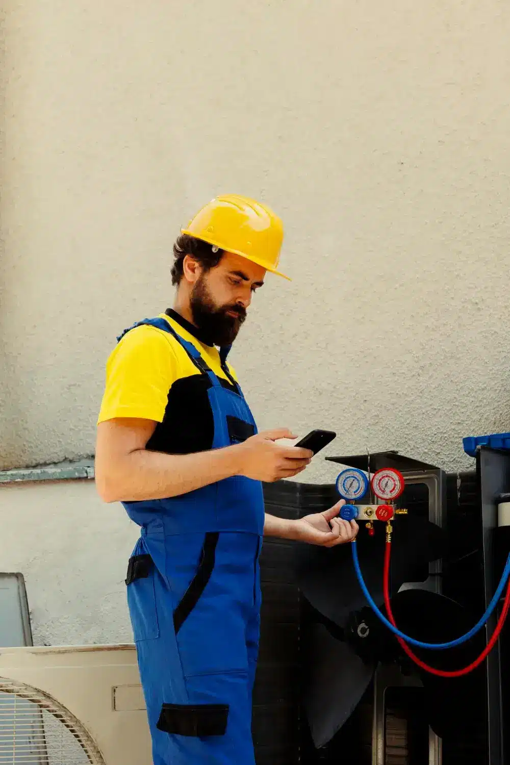 HVAC technician wearing a hard hat checking pressure gauges on an outdoor air conditioning unit while using a smartphone.