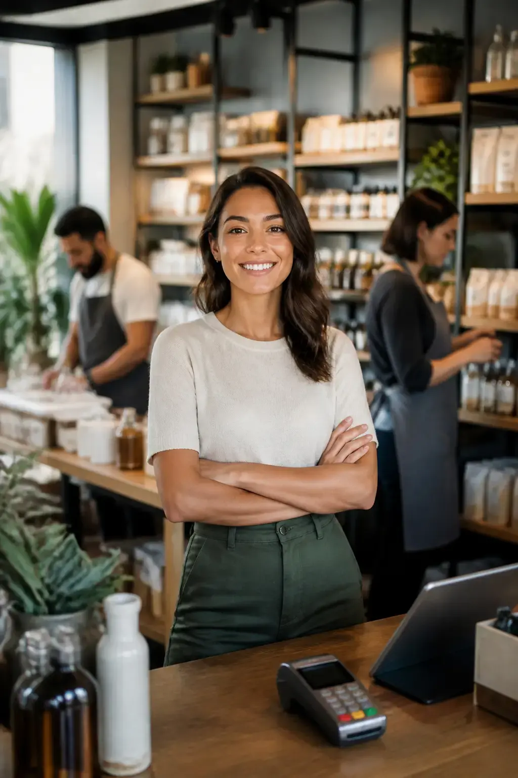 Small business owner standing behind a retail counter with a payment terminal while employees work in the shop.