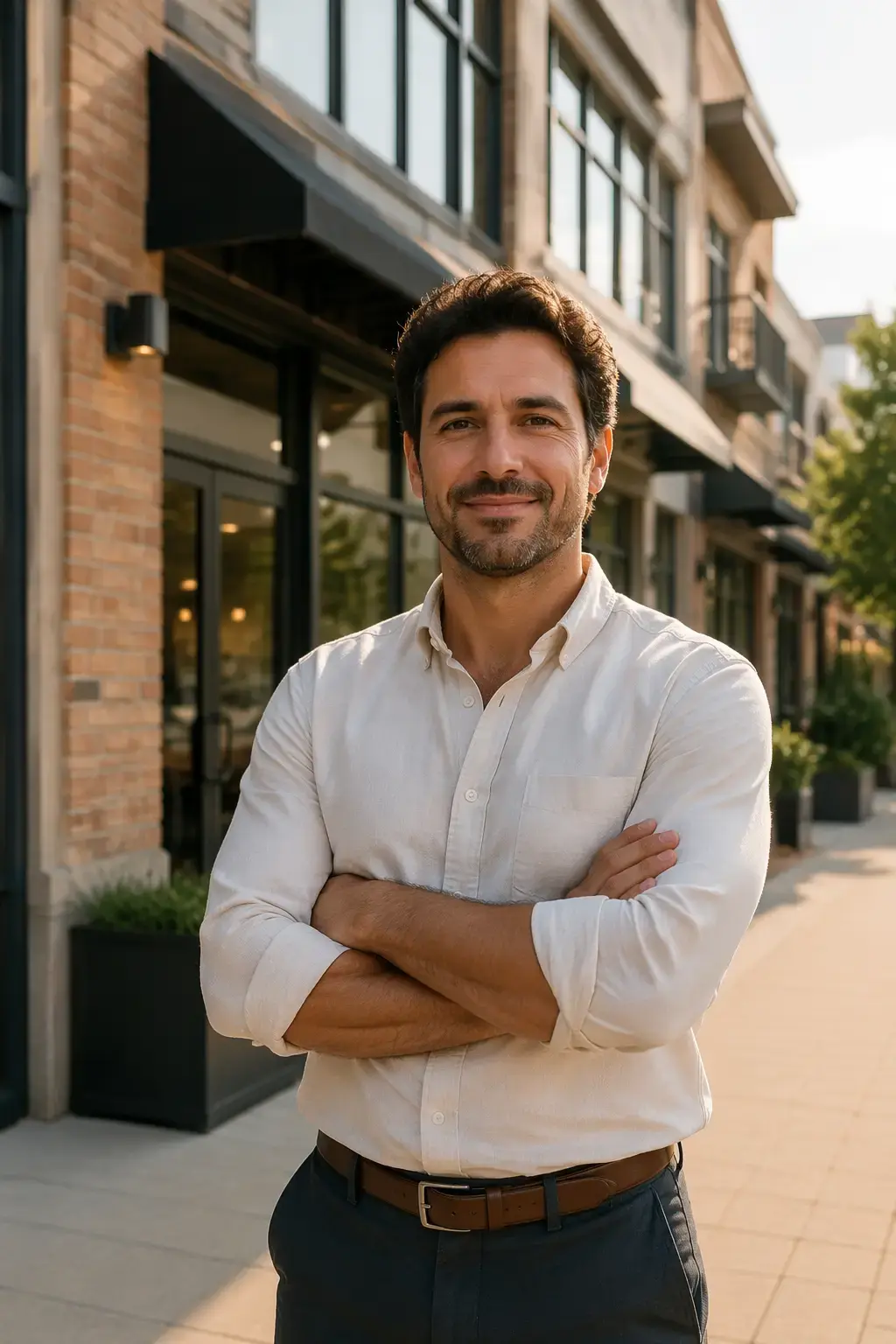 Confident male business owner standing with arms crossed outside a modern commercial building.