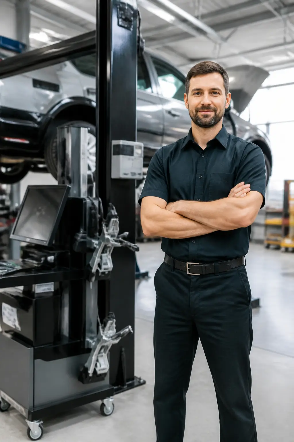 Auto repair shop owner standing with arms crossed beside a vehicle lift and diagnostic equipment in a modern automotive workshop.