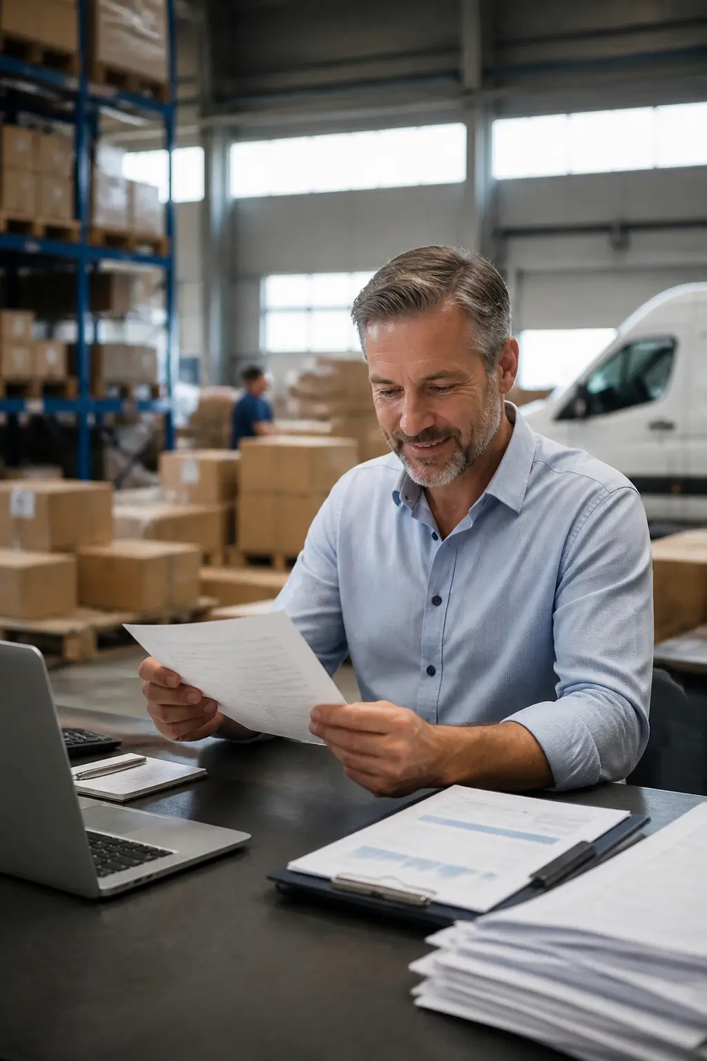 Business owner reviewing financial documents at a laptop inside a warehouse with stacked inventory boxes and a delivery van.