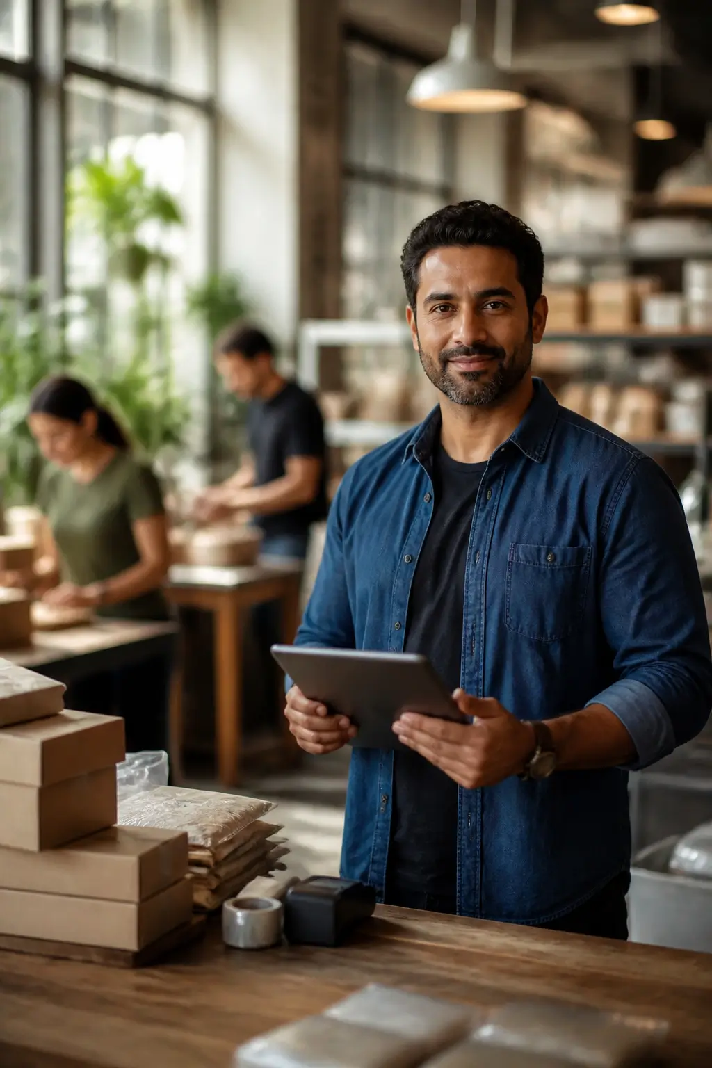 Small business owner holding a tablet in a busy product packing and fulfillment workspace.