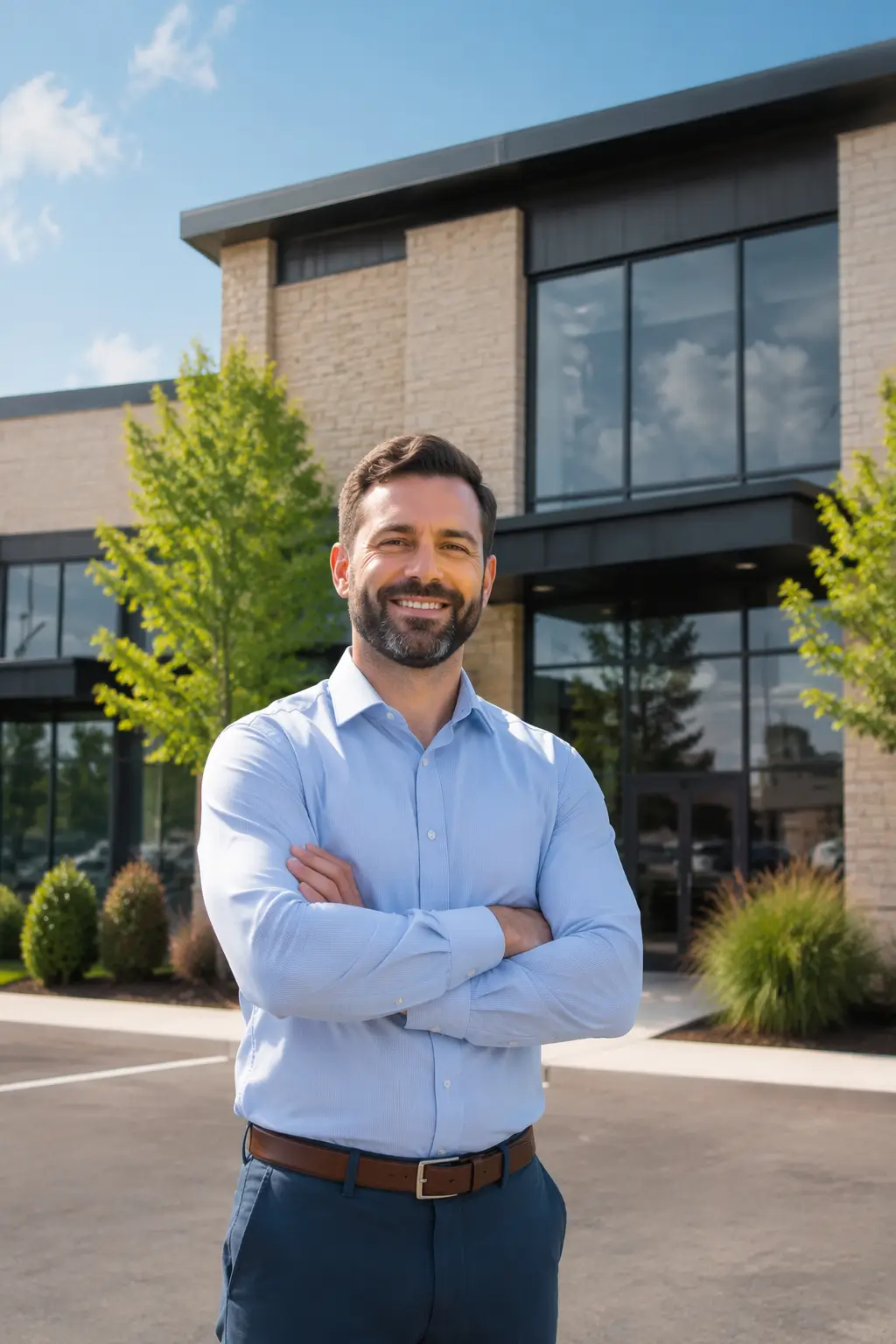 Smiling male business owner standing with arms crossed outside a modern commercial building.