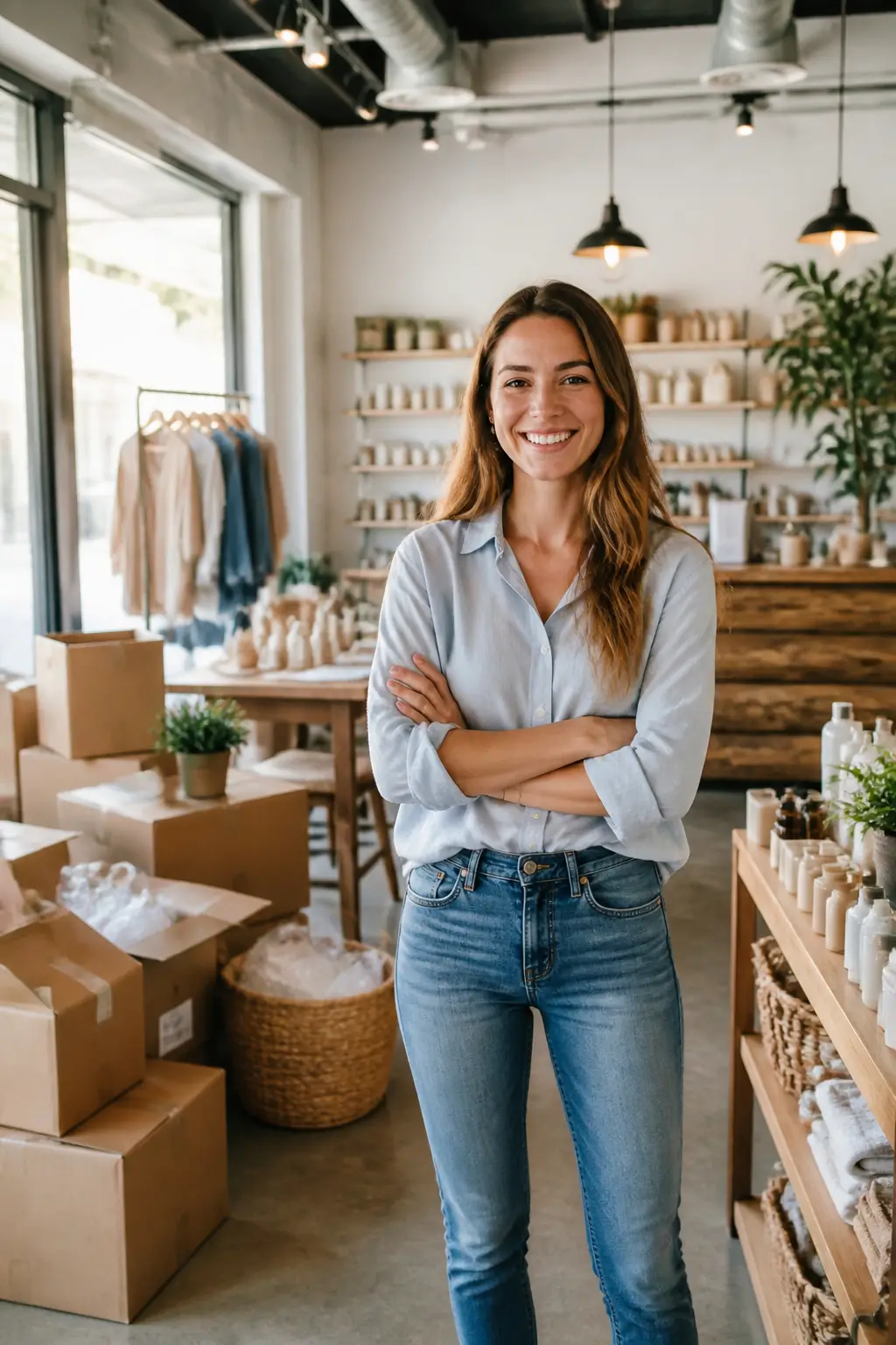 Smiling female small business owner standing with arms crossed inside a modern retail shop with products and shipping boxes.