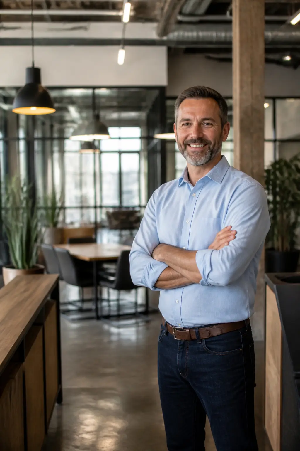 Smiling male business owner standing with arms crossed inside a modern office workspace.