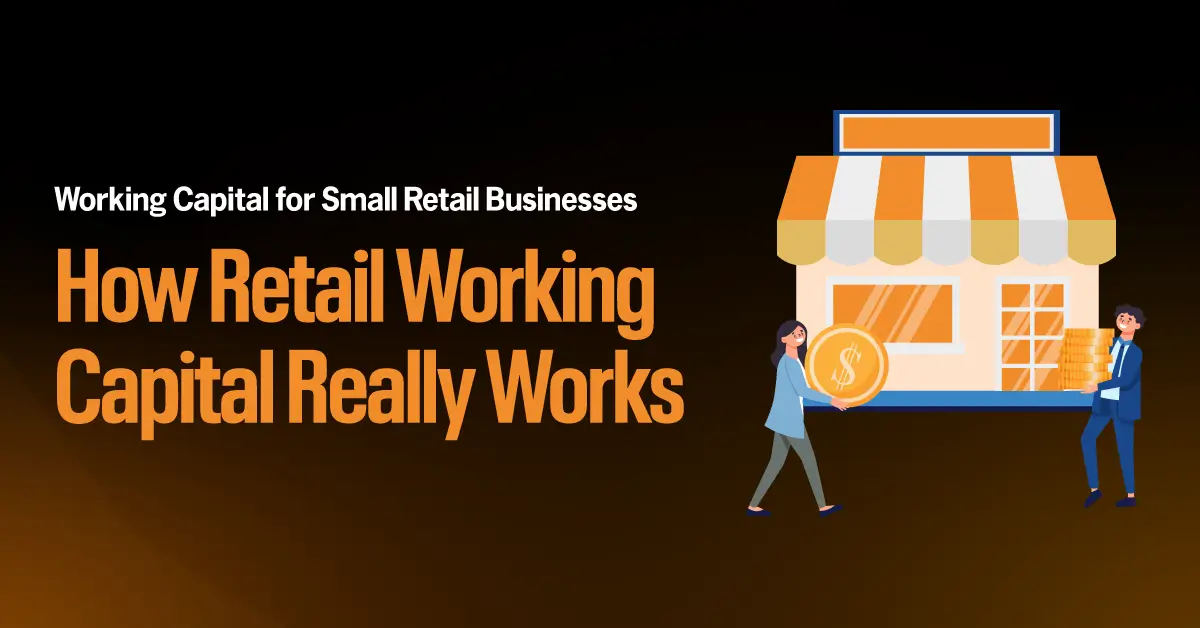 Illustration of a small retail store with business owners holding cash and coins, representing working capital financing for small retail businesses.
