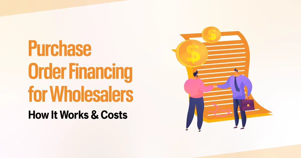 Purchase order financing for wholesalers illustration showing two business professionals, a financial document, and dollar coins.
