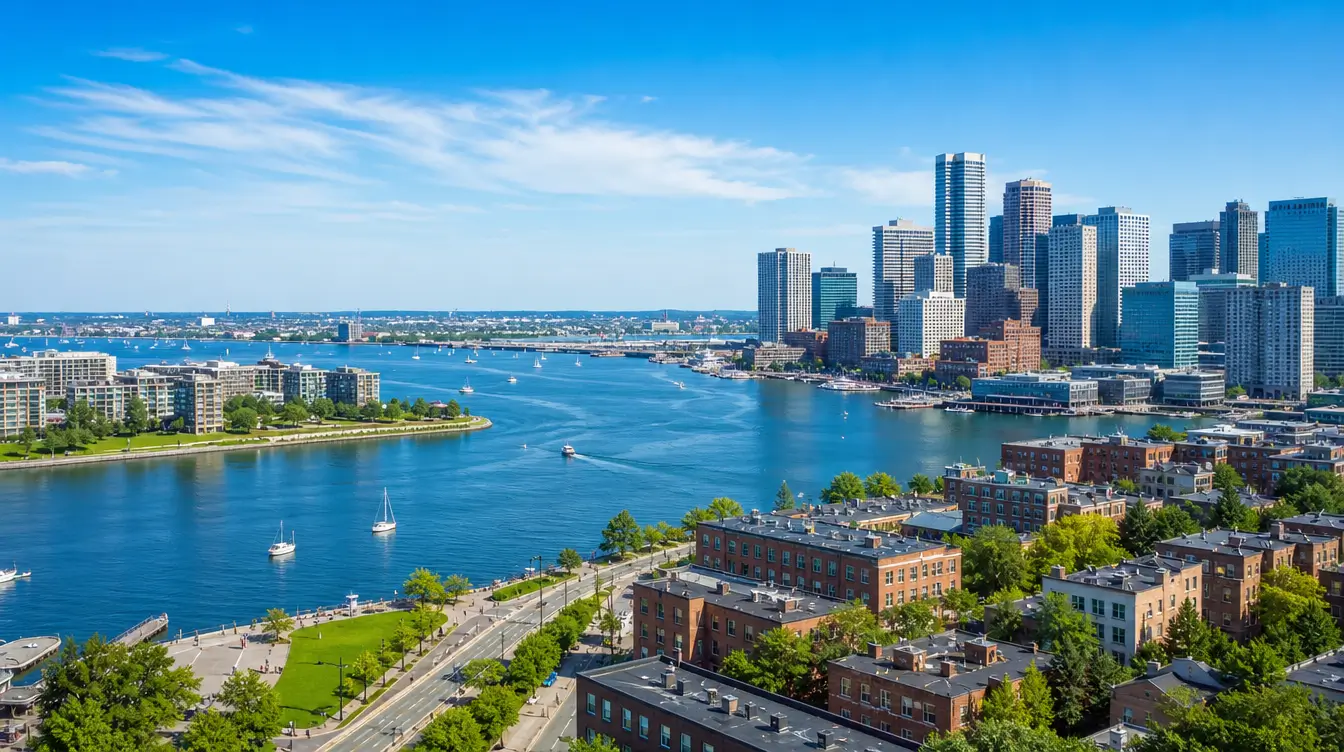 Aerial view of Boston Harbor with the downtown Boston skyline, waterfront buildings, and marina on a bright sunny day.