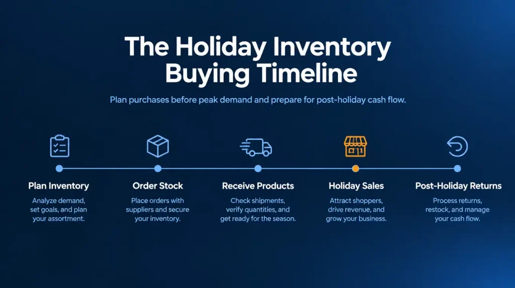 Holiday inventory buying timeline for physical retail stores, from inventory planning and ordering to holiday sales and post-holiday returns.