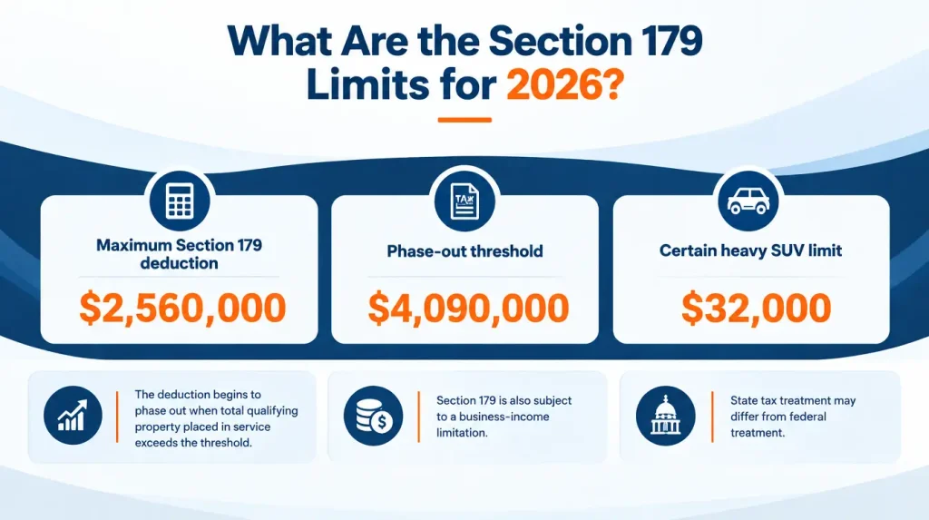 1. 2026 Section 179 deduction limits, phase-out threshold, and heavy SUV limit